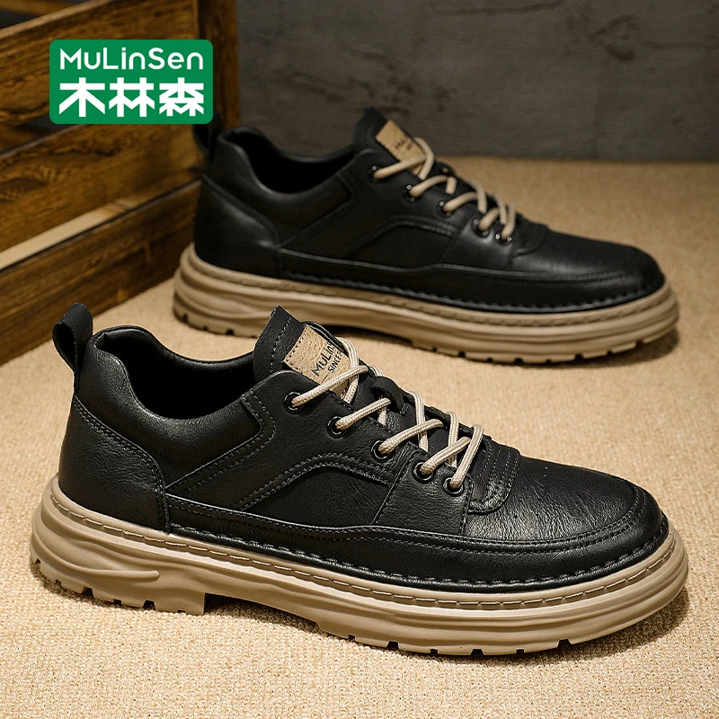 木林森男鞋休闲鞋2025新款男士皮鞋商务黑色英伦风低帮工装马丁靴