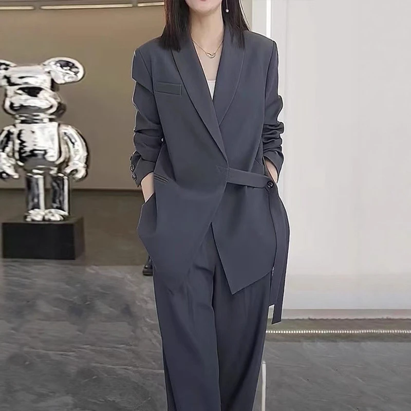 设计感绑带西装外套搭配阔腿裤春秋新款高级感休闲套装女