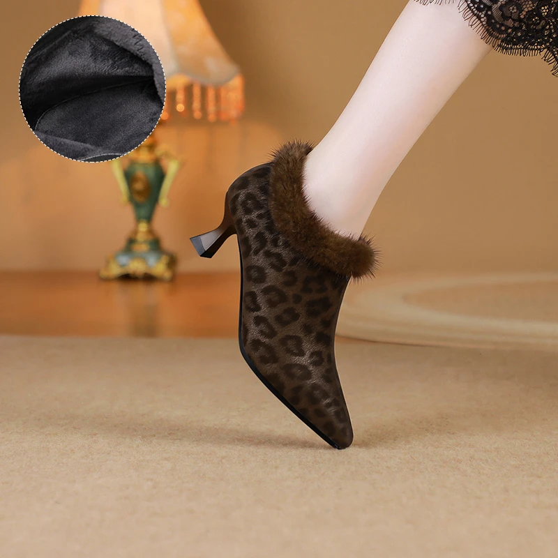 【MQE】尖头时尚气质复古8983牛皮33-40豹纹洋气貂毛保暖细跟高跟鞋