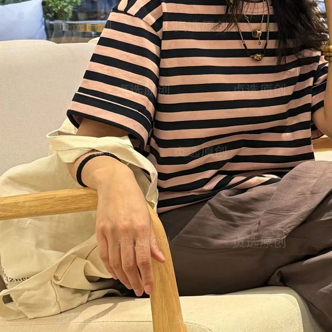 25031-春季圆领条纹短袖T恤新款宽松休闲百搭时尚上衣