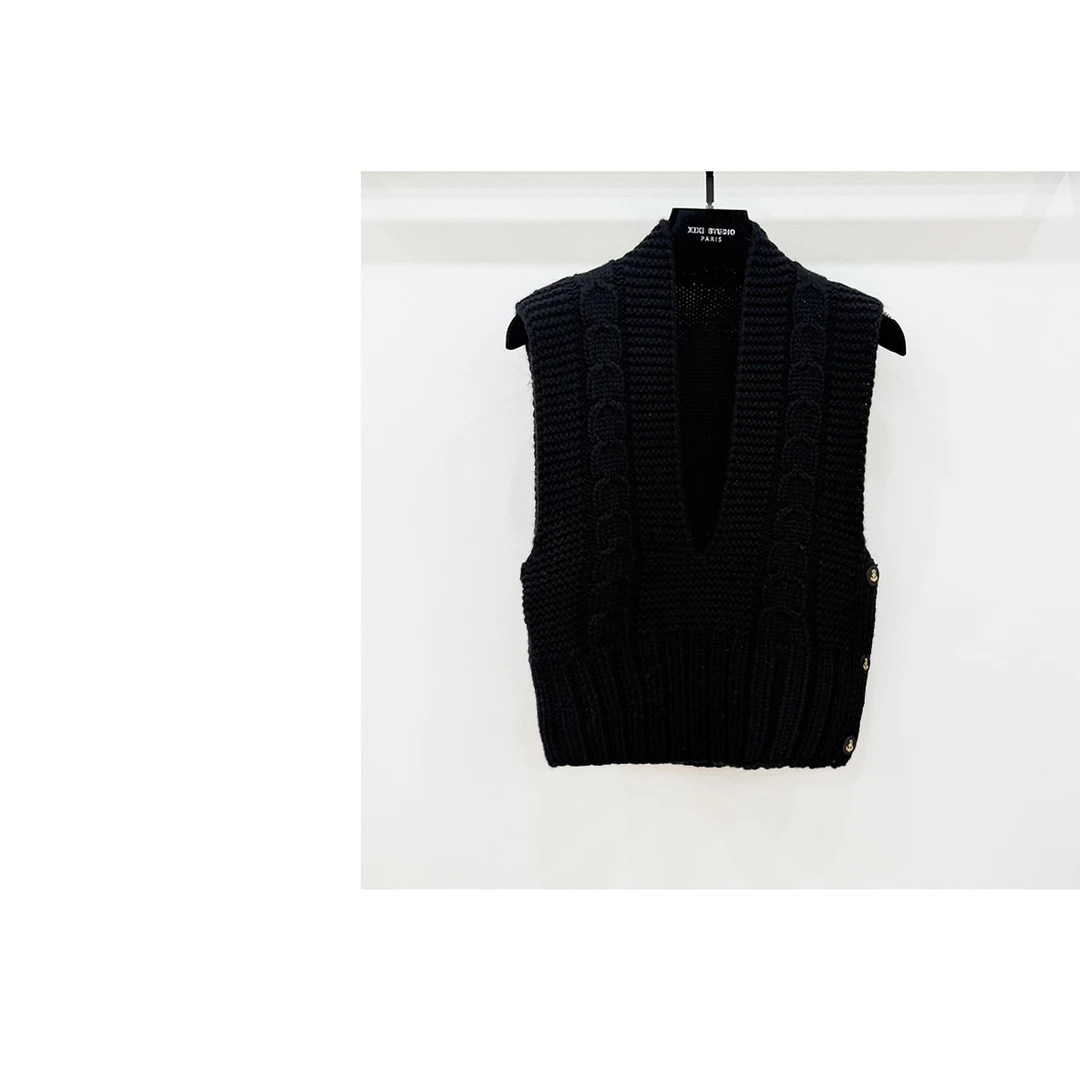 【西西高定】复古麻花V领无袖针织马甲叠穿小背心