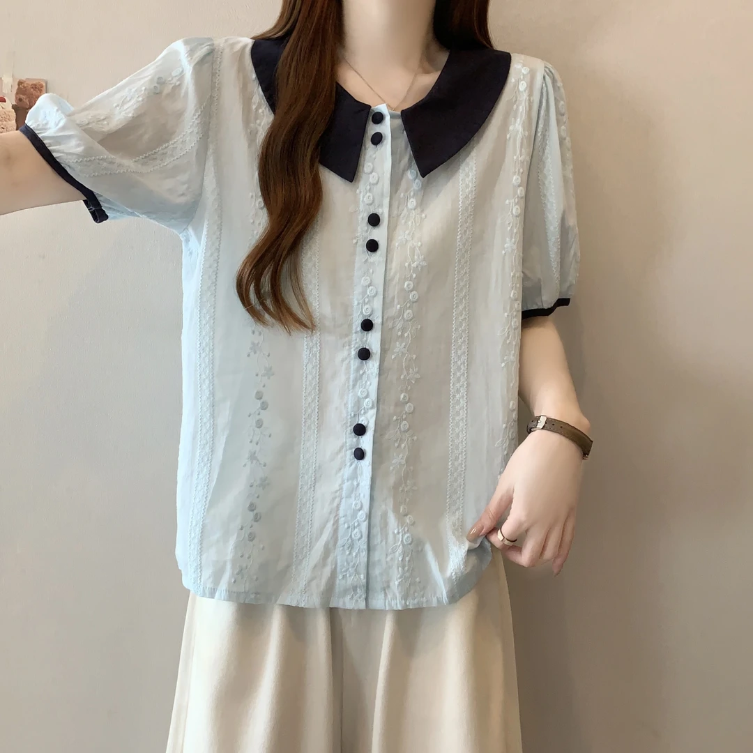 大码法式娃娃领刺绣短袖衬衫女夏季胖MM宽松显瘦百搭洋气减龄上衣