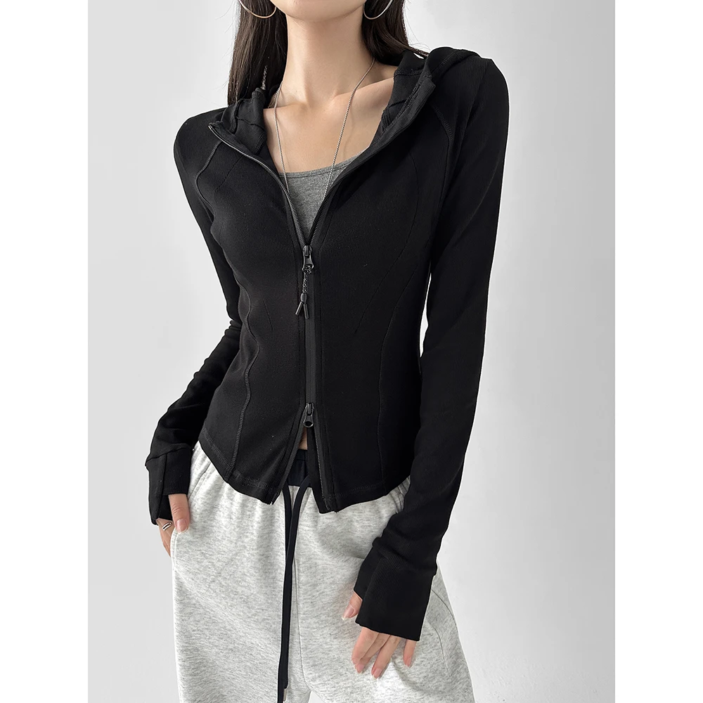 动感少女设计感双拉链连帽卫衣外套女新款鱼骨线条长袖针织开衫