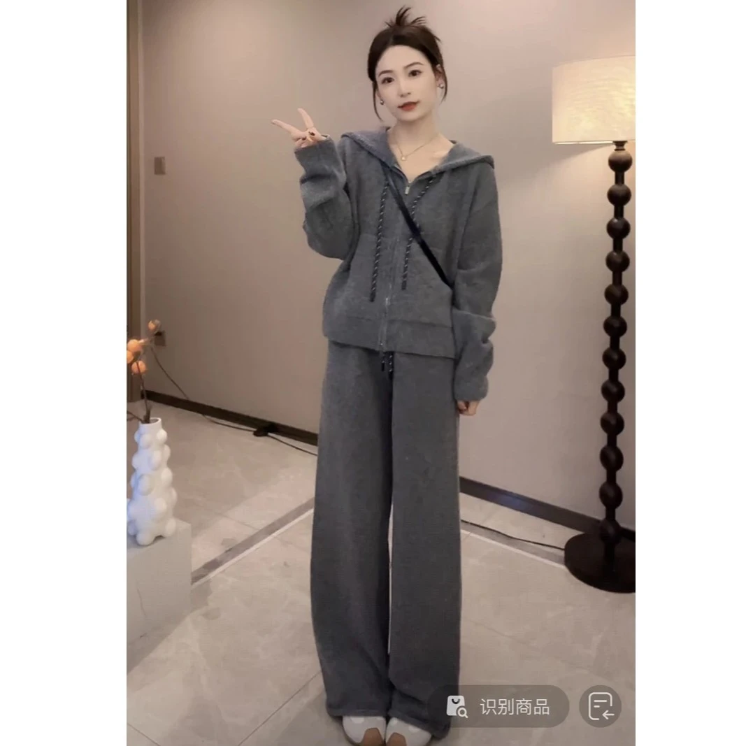 羊毛混纺慢跑套装上衣+休闲裤预显瘦宽松秋冬慵懒感