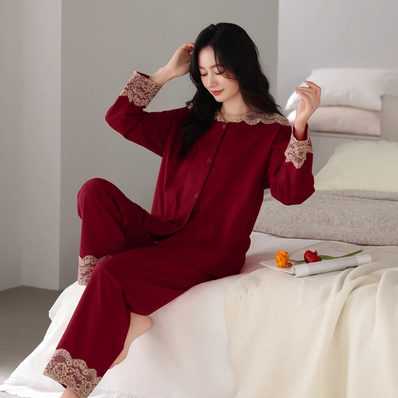 睡衣女款爆款2025新款长袖长裤纯棉套装春秋红色蕾丝本命年家居服