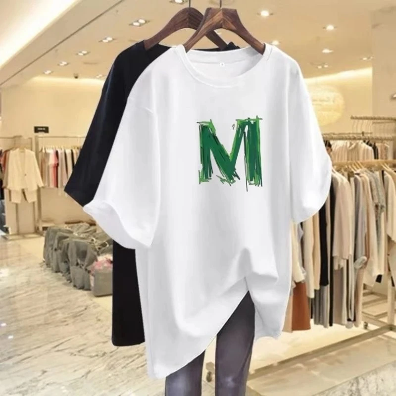 字母T恤女中长款韩版宽松大码慵懒风夏季新款遮臀短袖纯棉上衣ins