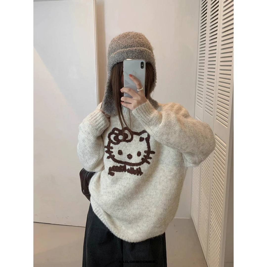 韩系复古奶油色卡通图案提花设计感毛衣女2025秋冬新款针织衫毛衣