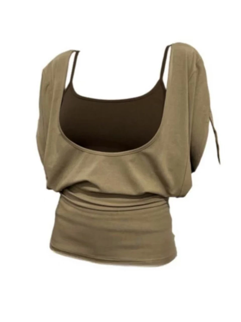 大码慵懒风宽松大U领蝙蝠袖T恤罩衫+吊带背心两件套辣妹显瘦套装