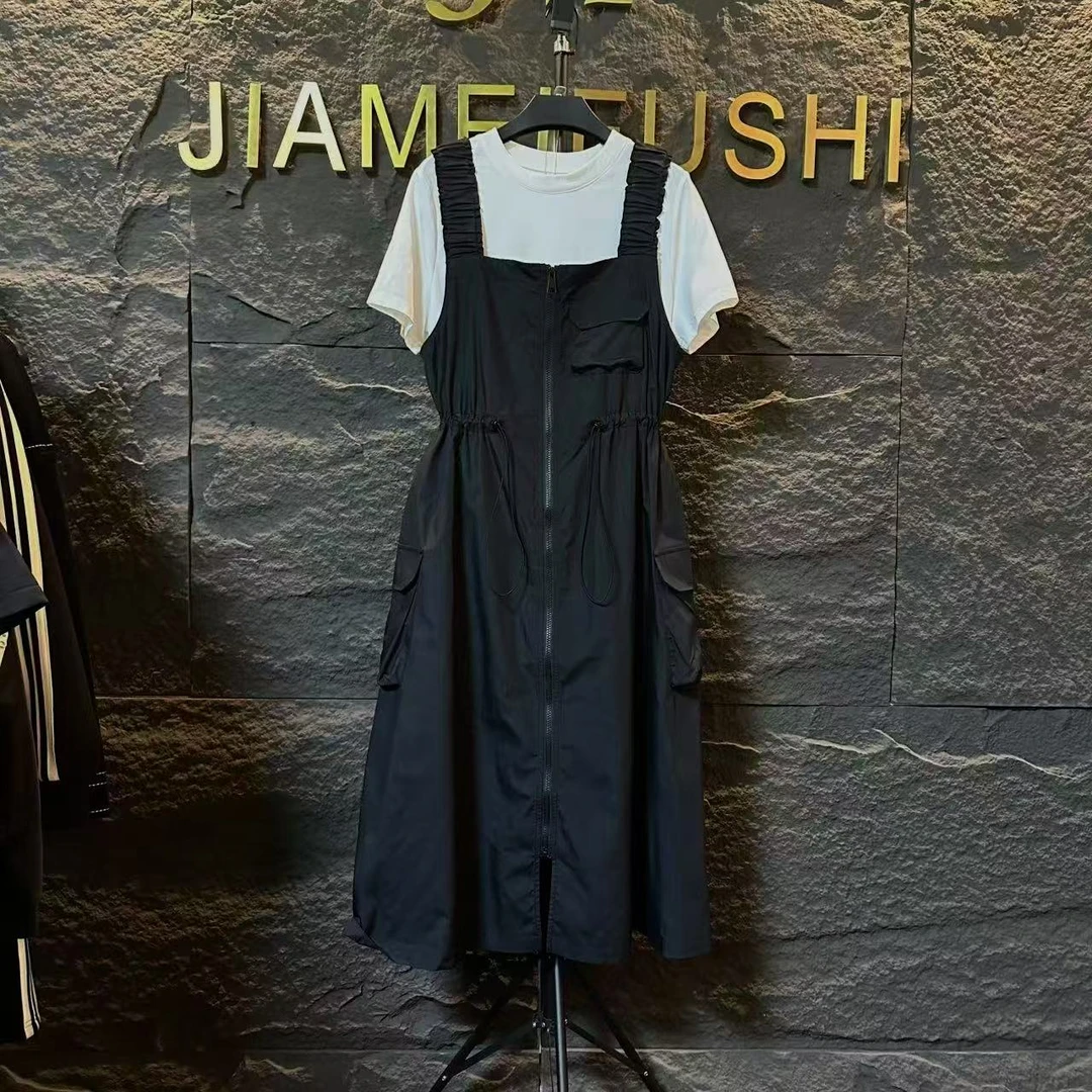 新款现货潮牌春夏真两件黑白拼接工装连衣裙1155-2