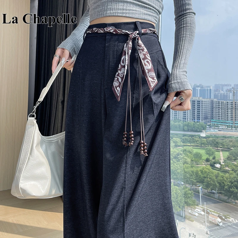 拉夏贝尔休闲阔腿裤女2025秋新高腰丝巾腰带百搭宽松显瘦西装长裤