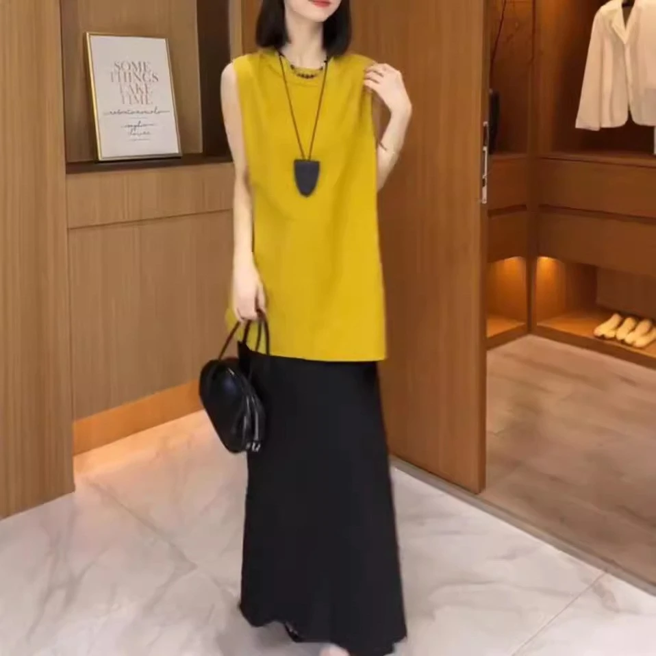 夏季新款高级感宽松无袖衬衫高腰半身裙女