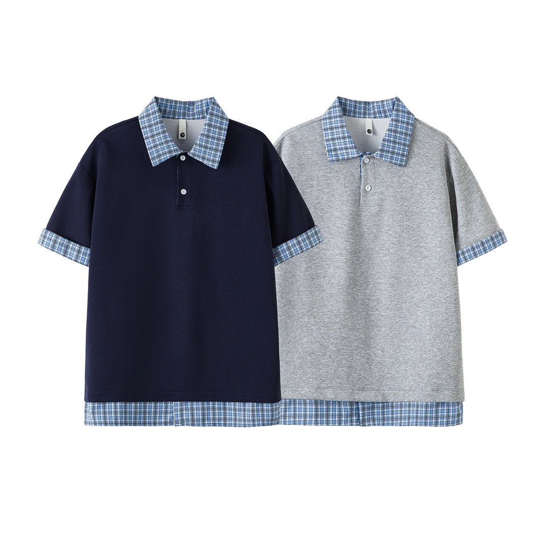 2025夏季新款青少年潮流格纹假两件短袖T恤宽松休闲高级感短袖t恤