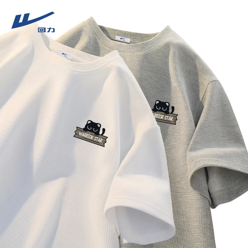 回力卡通小猫印花短袖t恤男女夏季质感华夫格宽松半袖男款休闲T恤