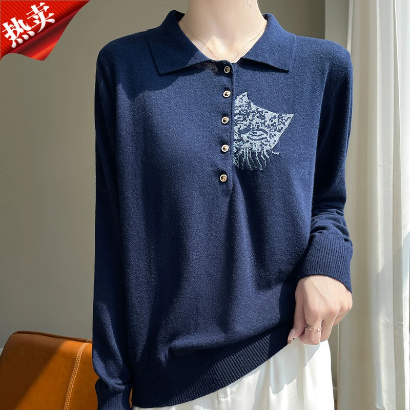 2025新款品牌polo领小猫刺绣长袖针织衫上衣内搭打底衫春秋薄款
