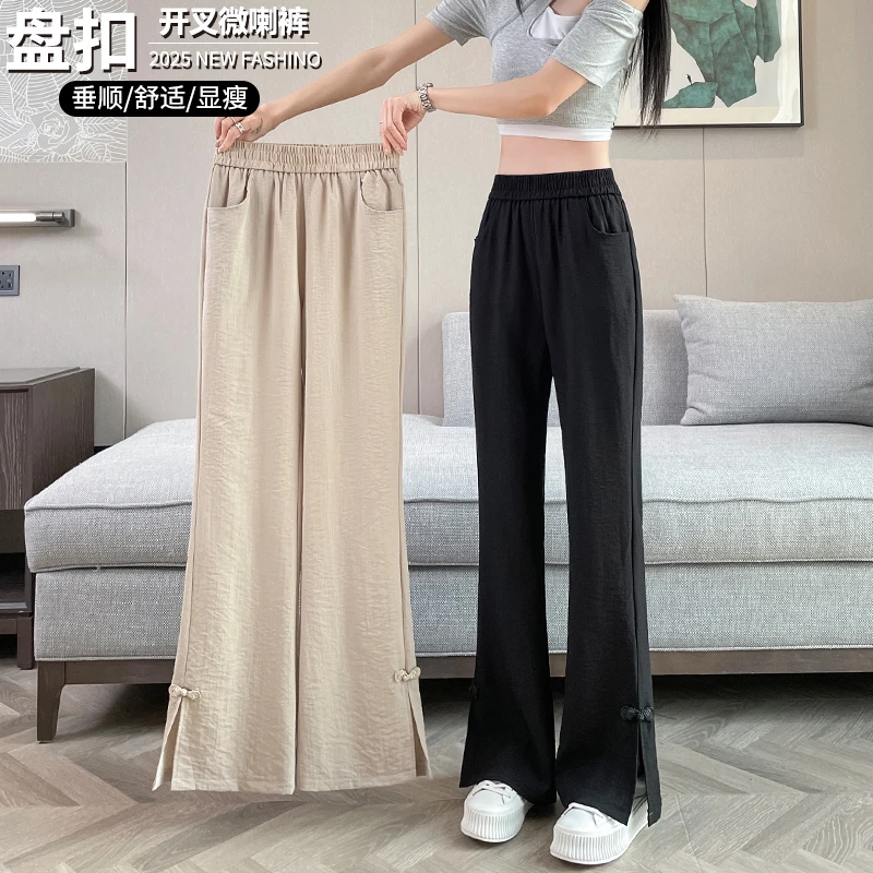 冰丝开叉棉麻微喇裤女夏季薄款2025新款喇叭裤国风新中式亚麻裤子