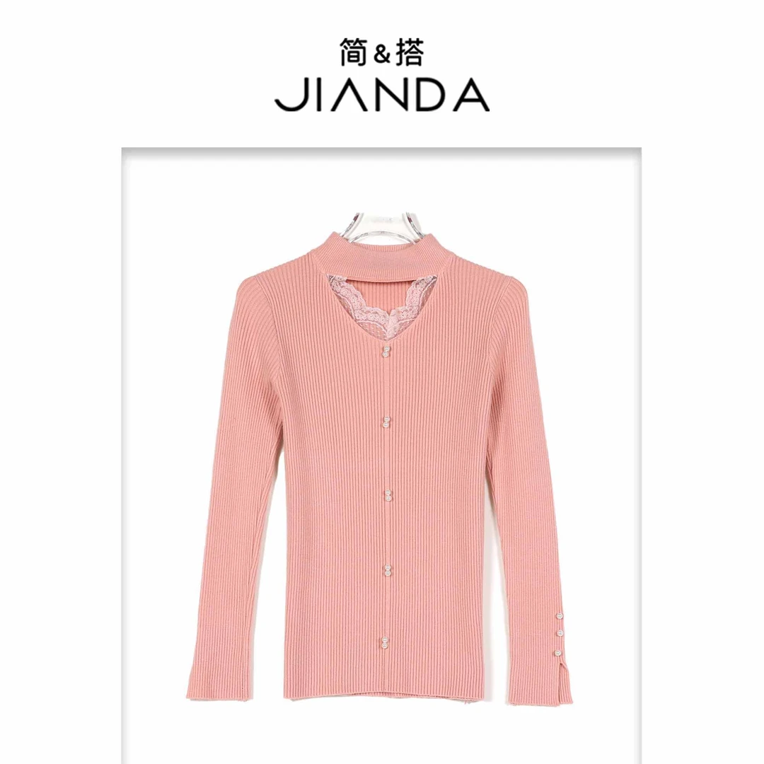 简&搭【千屿Sheila】蕾丝珍珠扣竖纹毛衣253-MY/0920-26035