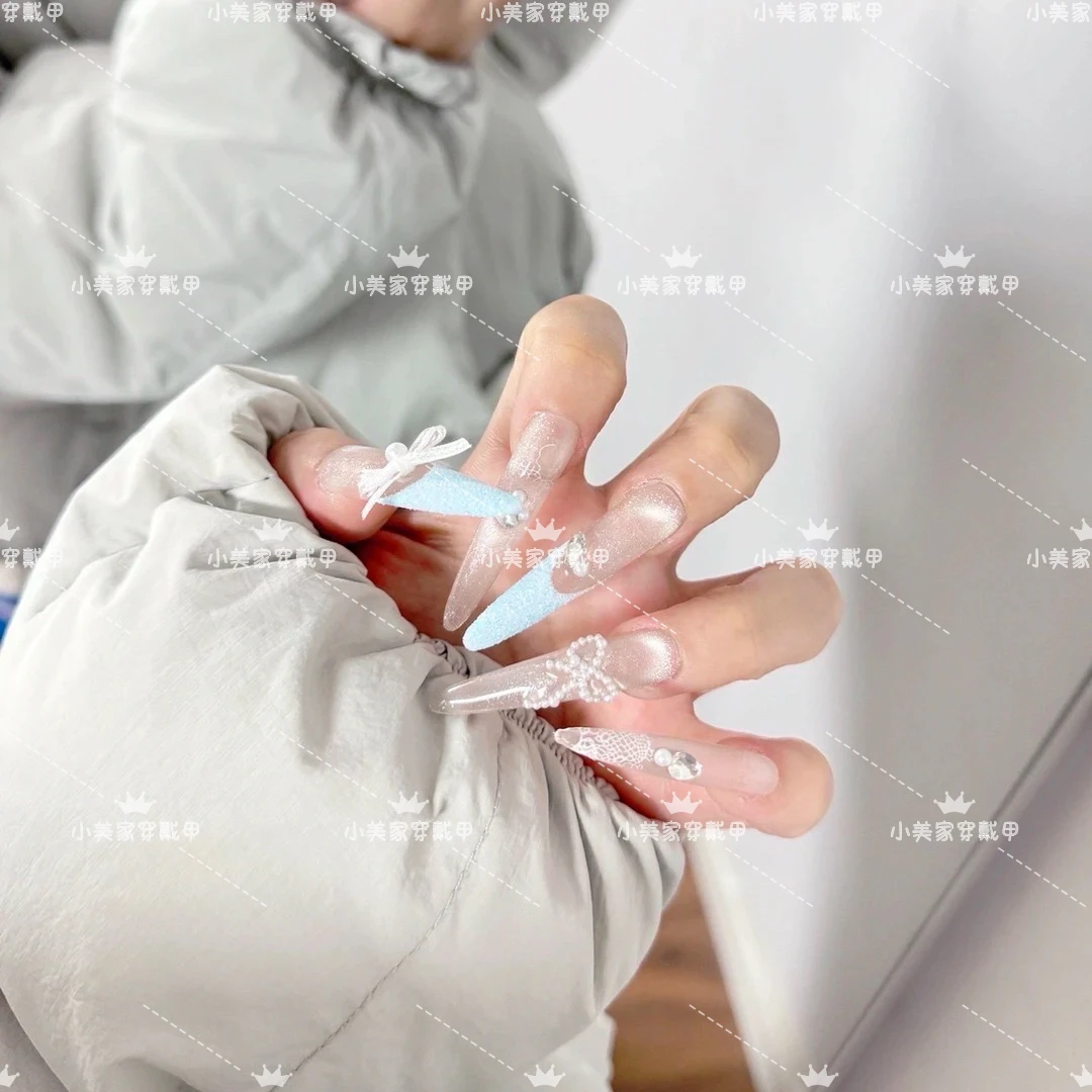 （蓝砂糖蝴蝶结）手工穿戴显白美甲猫眼穿戴甲百搭款爆闪美甲贴片