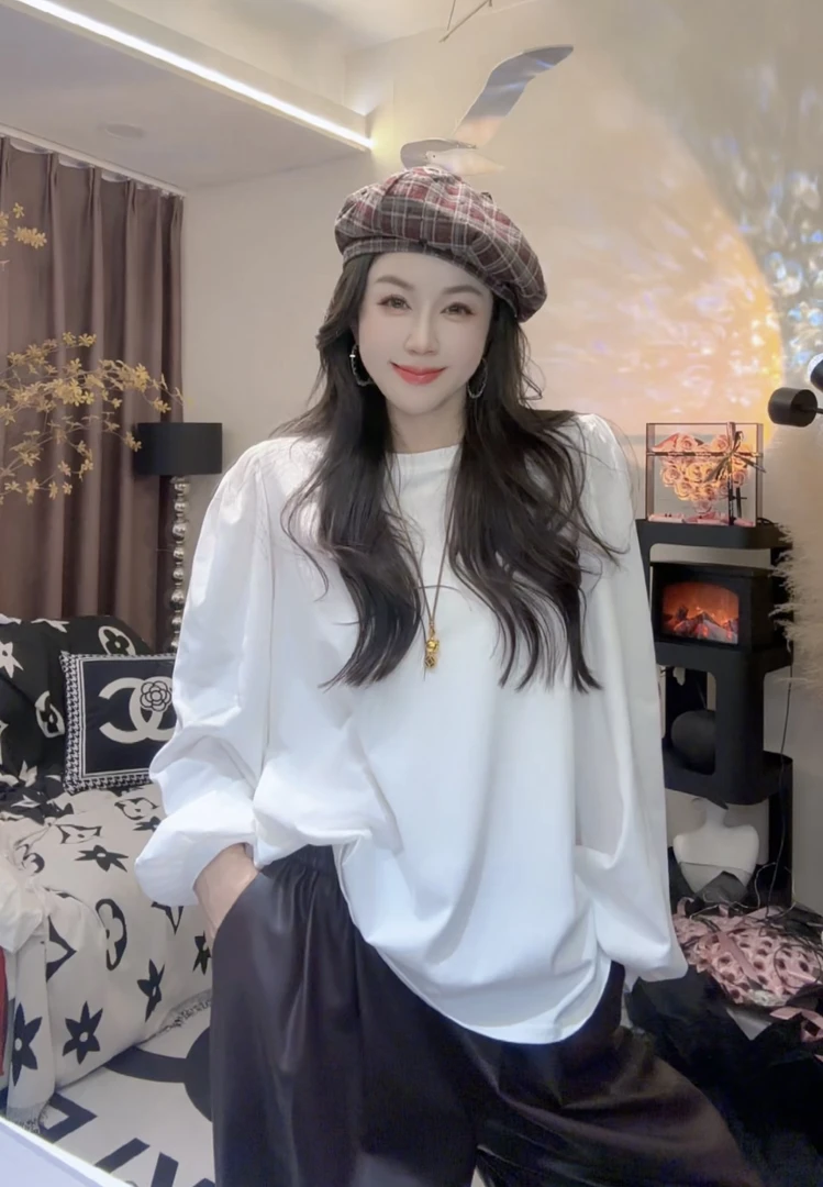 L.X~慵懒风宽松薄款长袖T恤女秋季显瘦百搭纯色上衣6870