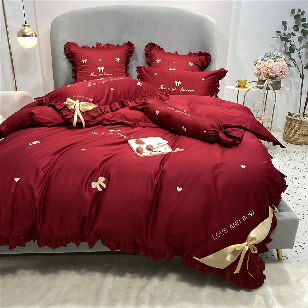 简约红色结婚四件套床单婚房床上用品全棉喜被新婚婚嫁