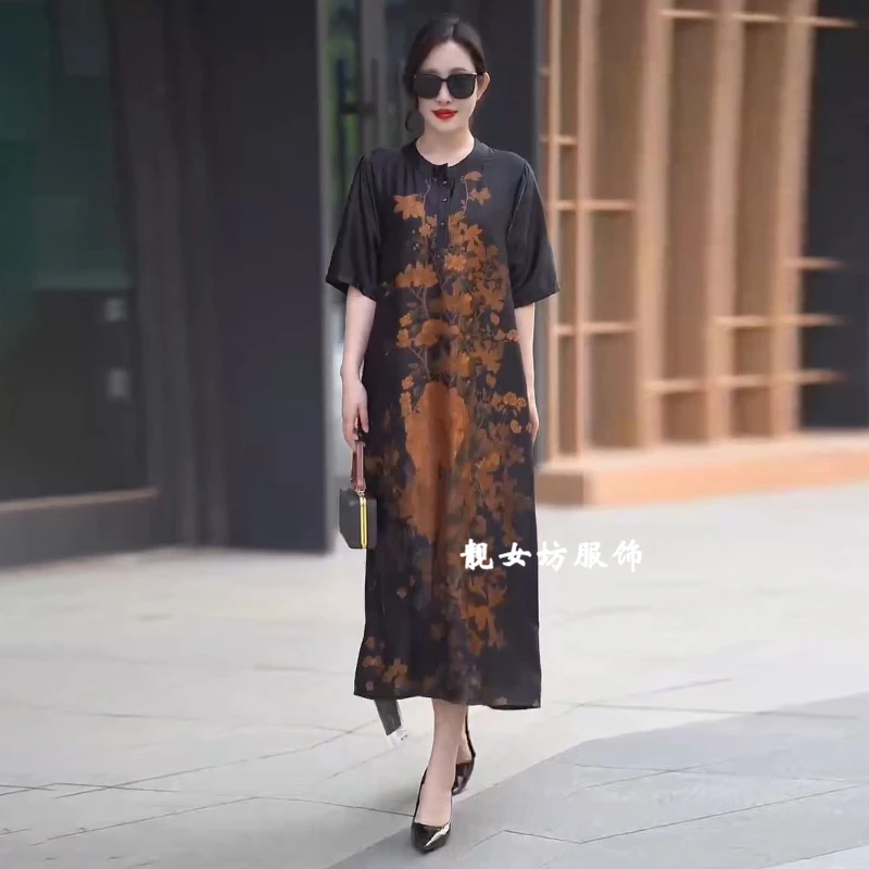 垂坠感阔版连衣裙宽松大码200斤女士长裙休闲百搭遮肚过膝中长裙