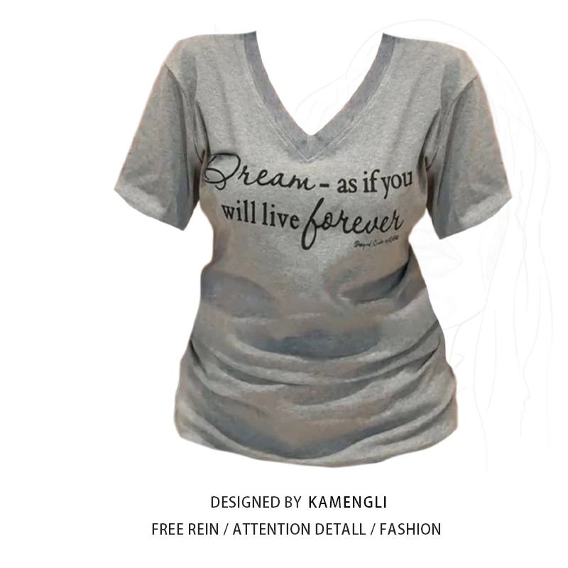 大码微胖mm设计感灰色v领字母短袖T恤女夏季新款显瘦遮肉辣妹上衣