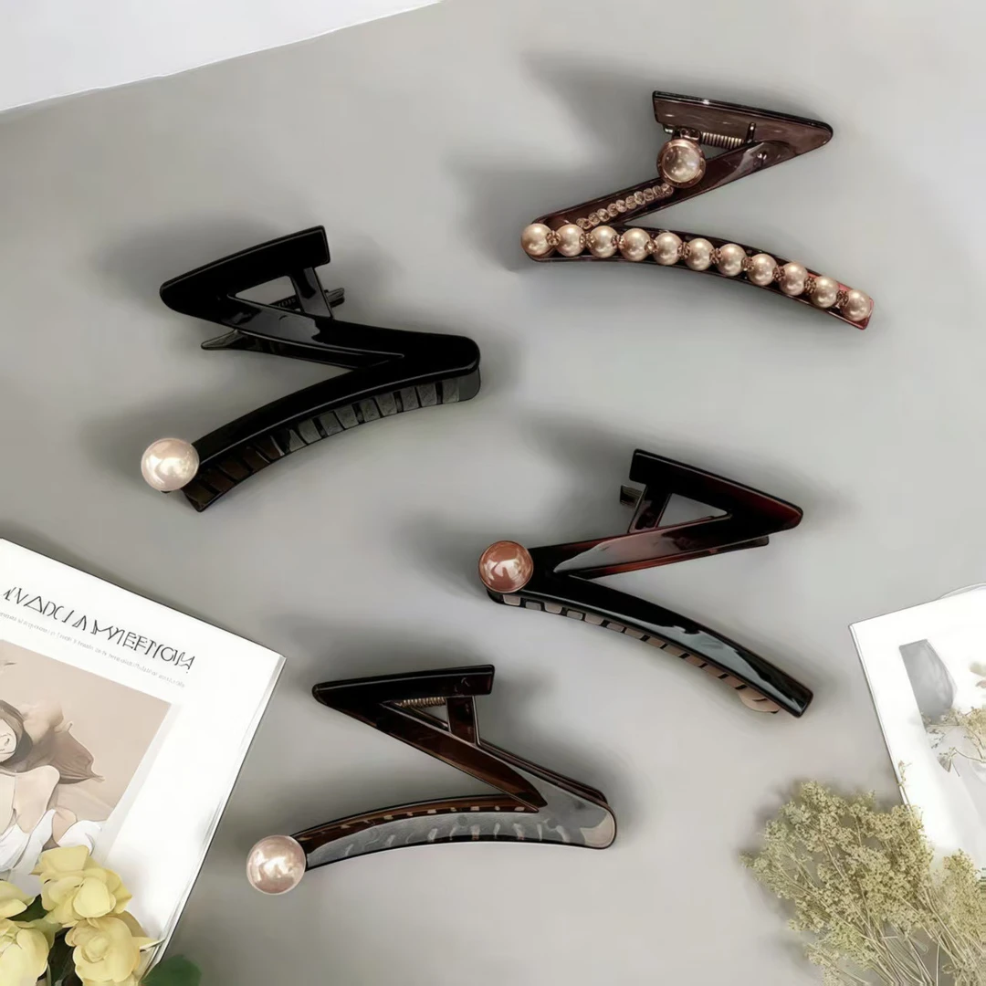十一公分亚克力轻奢设计感Z字型珍珠大抓夹后脑勺盘发复古鲨鱼夹