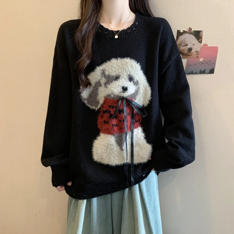 大码女装慵懒风可爱狗狗毛衣女秋冬季2025新款宽松显瘦针织衫上衣