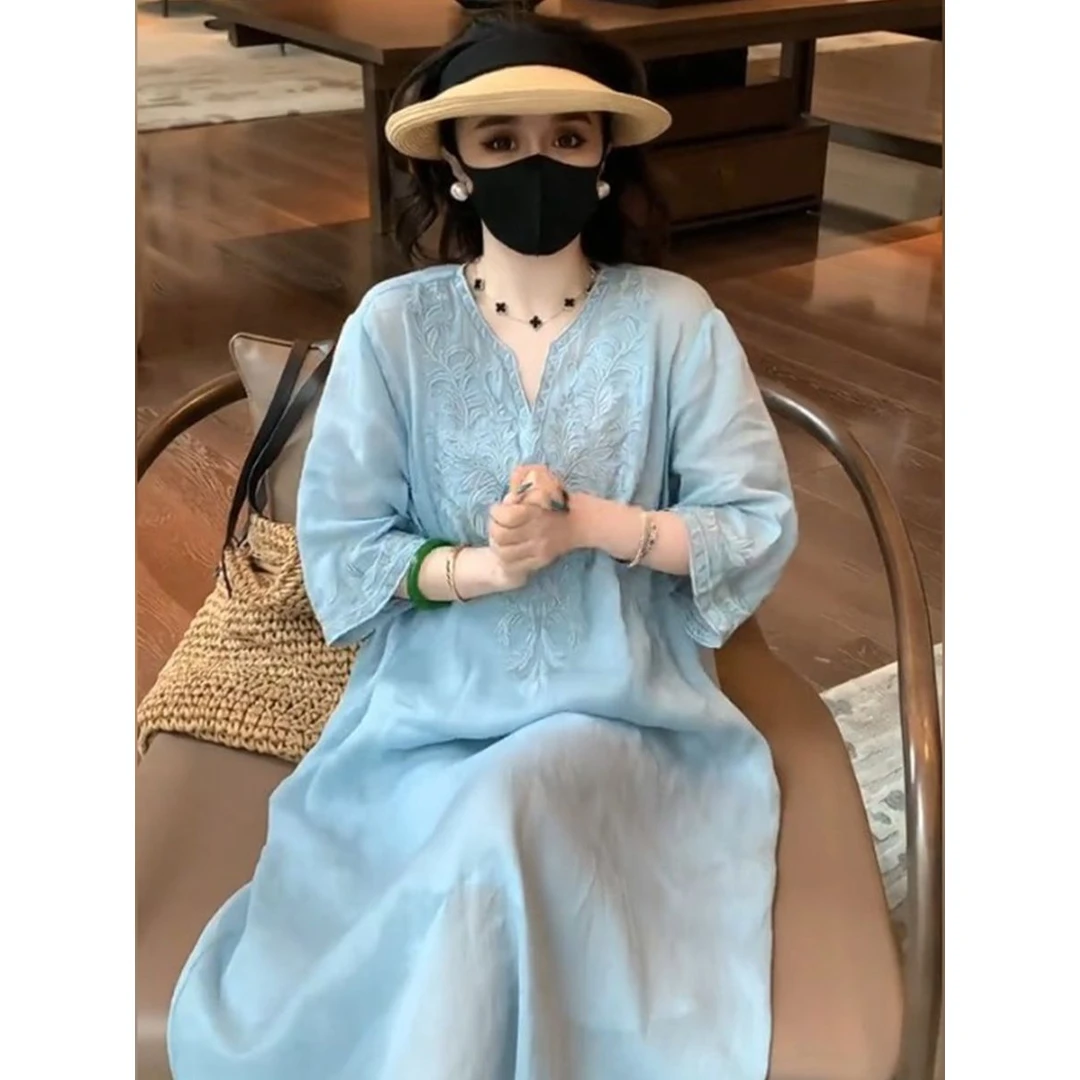 新中式国风重工刺绣连衣裙女2025夏季新款大码宽松显瘦气质两件套