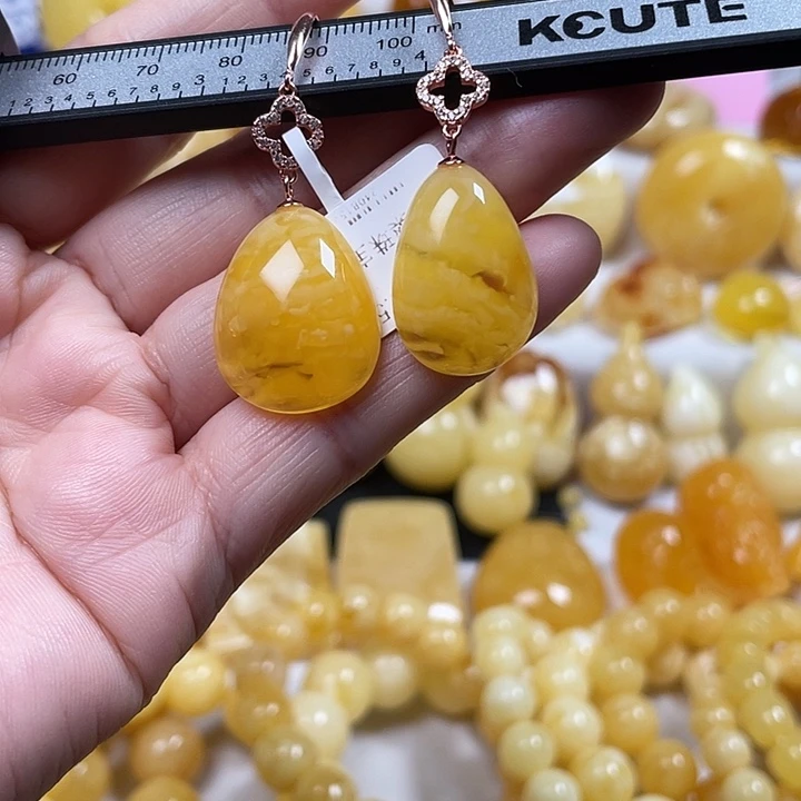 蜜蜡裸石银S925镶嵌水滴耳饰