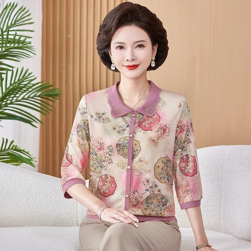 2025新款夏季七分袖薄款T恤衫洋气妈妈装翻领减龄上衣老年人衣服