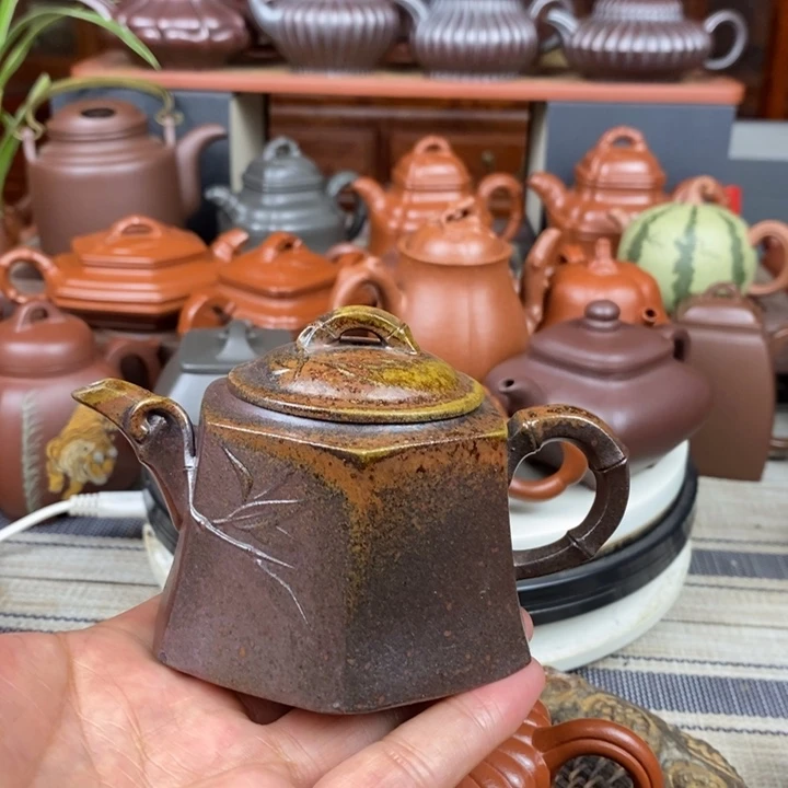茶壶紫砂六方竹节200CC原矿老紫泥柴烧工艺