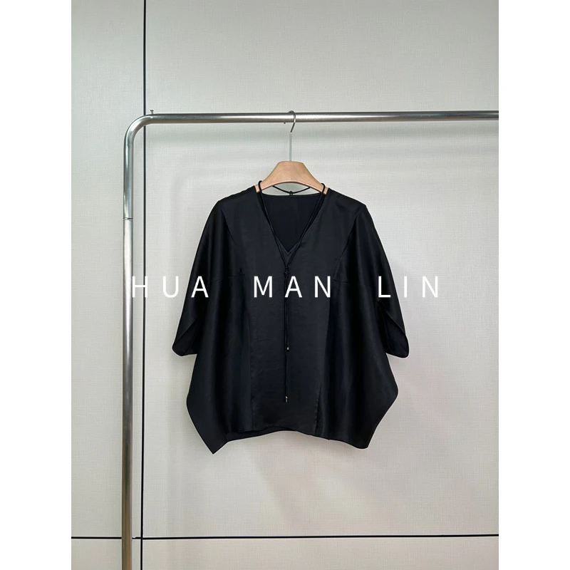 【花满林】V领系带小重缎香云纱桑蚕丝阔版上衣25550