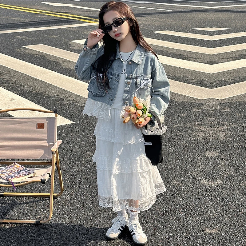 【嘻嘻柚】女童春季2025新款花边牛仔外套蕾丝拼接蛋糕半身裙两件套