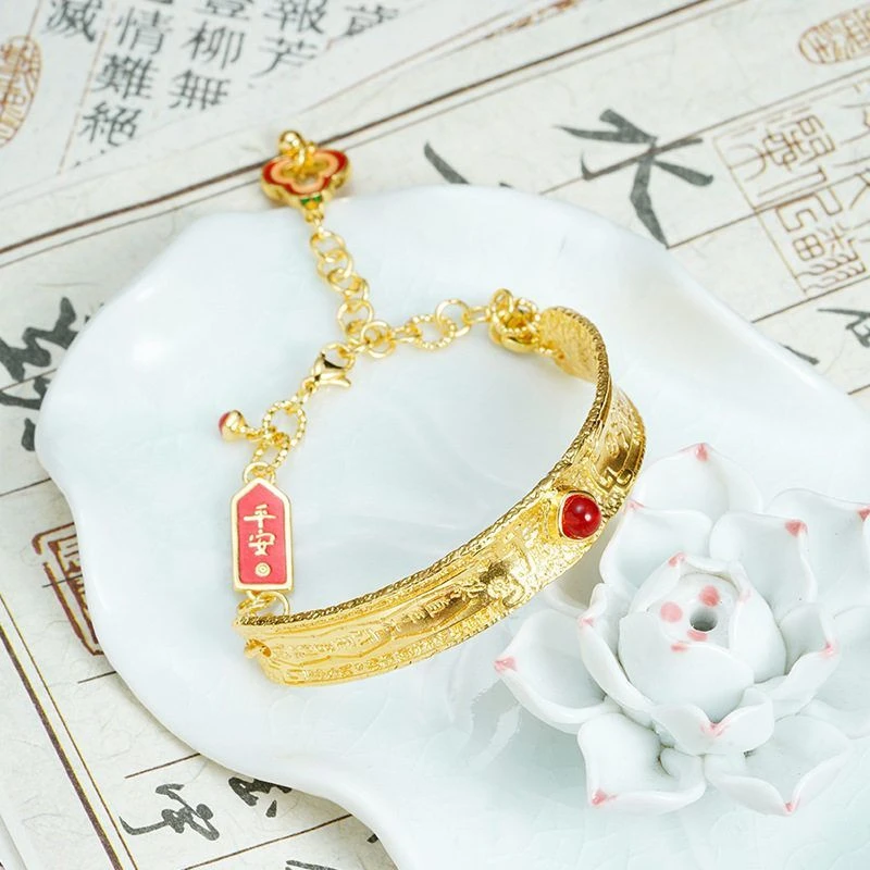 黄铜手链 铜合金镶红色钻平安牌半镯金色女新款小众手饰黄色手链