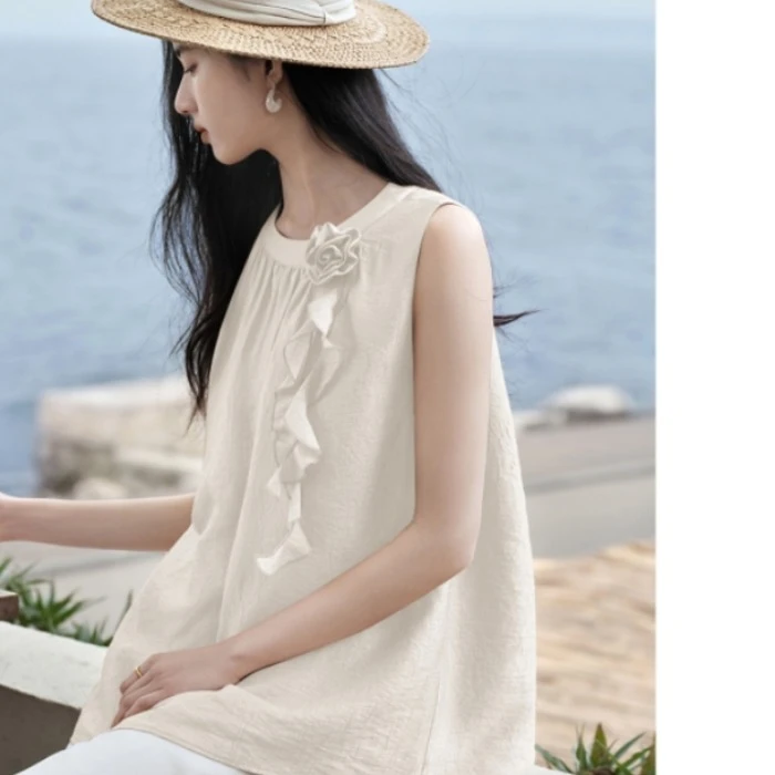 SS1650肌理感无袖衬衫宽松白色外穿上衣女夏季木耳边设计显瘦小衫