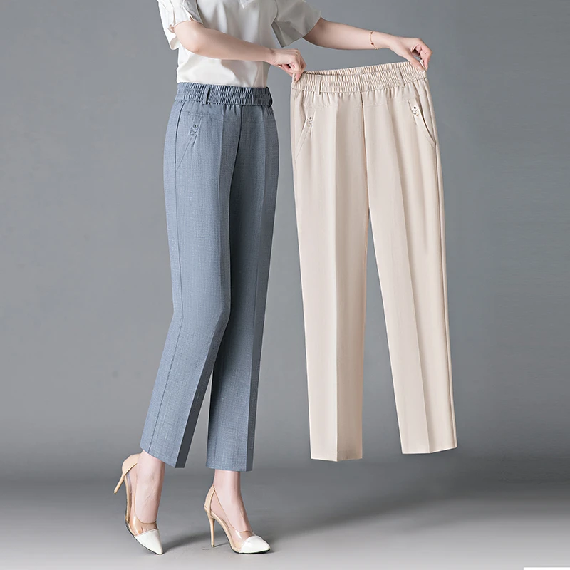 中老年夏季薄款休闲裤中年气质高腰宽松显瘦女士直筒清凉妈妈裤