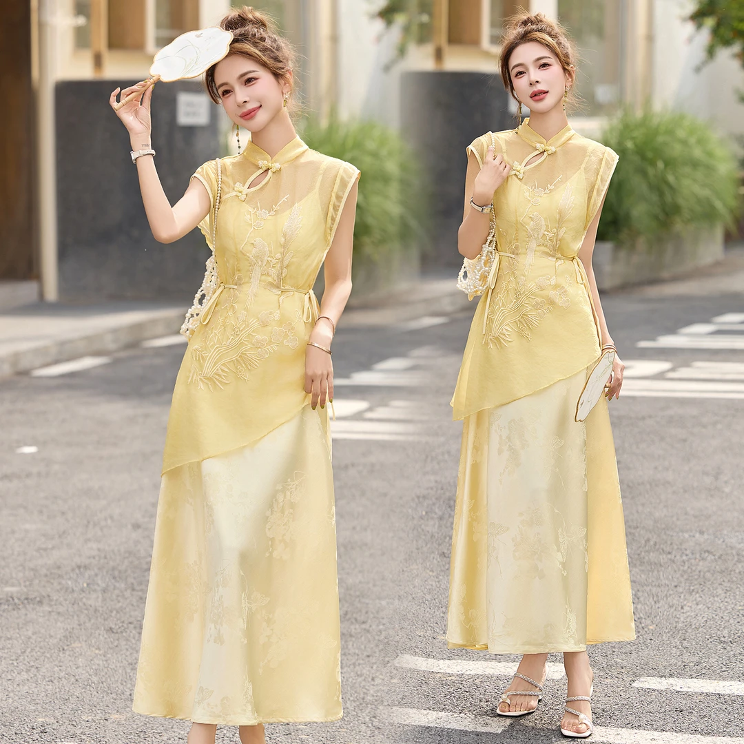 新中式蕾丝改良旗袍套装裙女2025夏季新款复古不规则吊带裙两件套