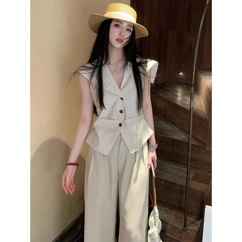 高智感时尚套装女夏季法式气质海军领马甲上衣阔腿休闲长裤两件套