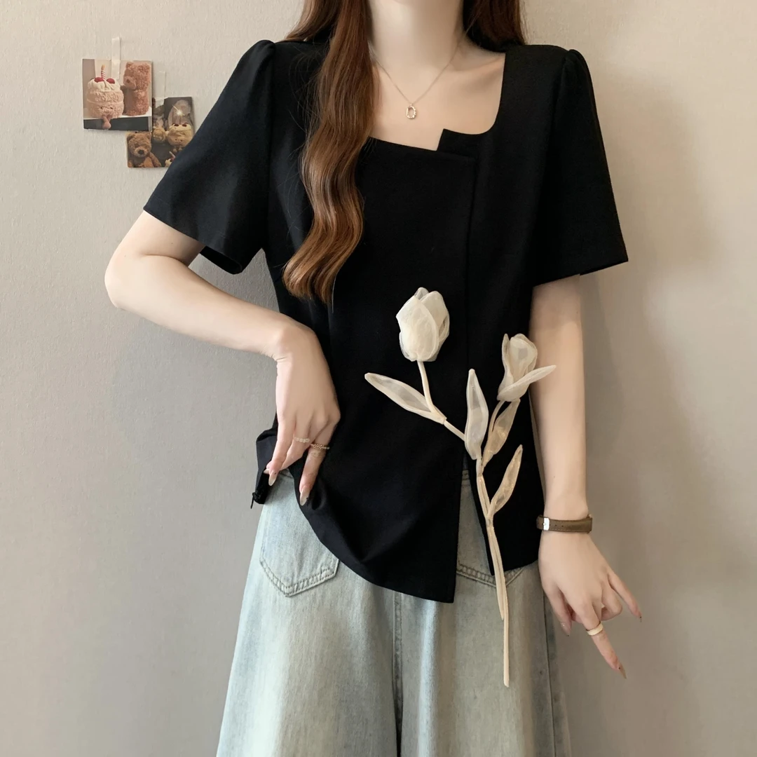 大码法式重工玫瑰花朵黑色短袖t恤女夏季新款胖妹妹显瘦遮肉上衣