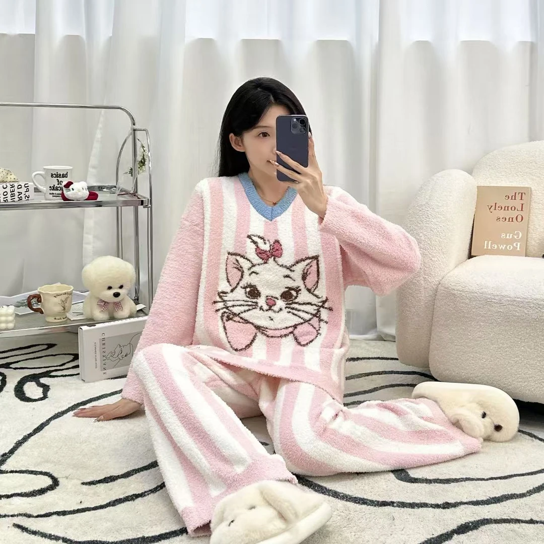 韩系玛丽猫条纹半边绒睡衣女秋冬季新款可爱甜美家居服可外穿套装