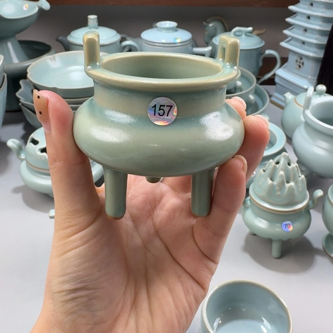 摆件瓷二级汝窑仿古釉线香炉编号157柴