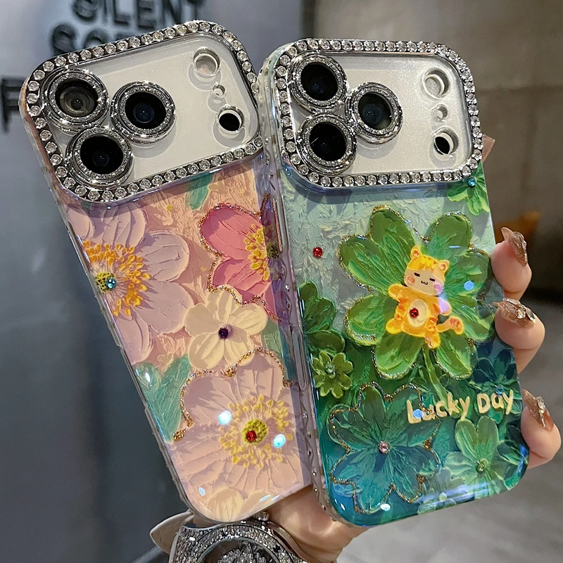 适用苹果系列iPhone17新款手机壳小众紫色四叶草全包满钻精孔镜框