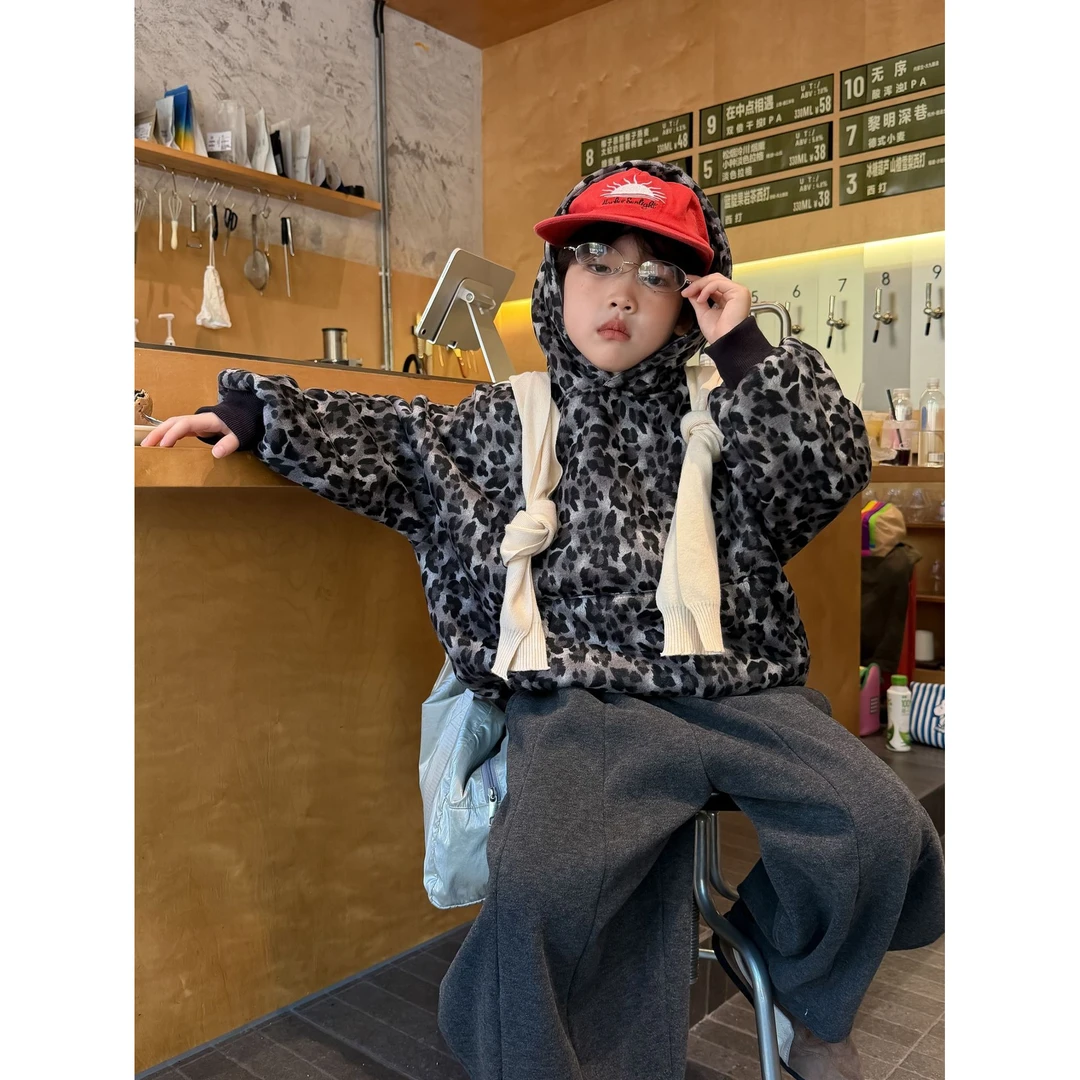 LJ-91671-柠檬匠童品男童卫衣2025冬款潮酷韩版豹纹加绒儿童卫衣