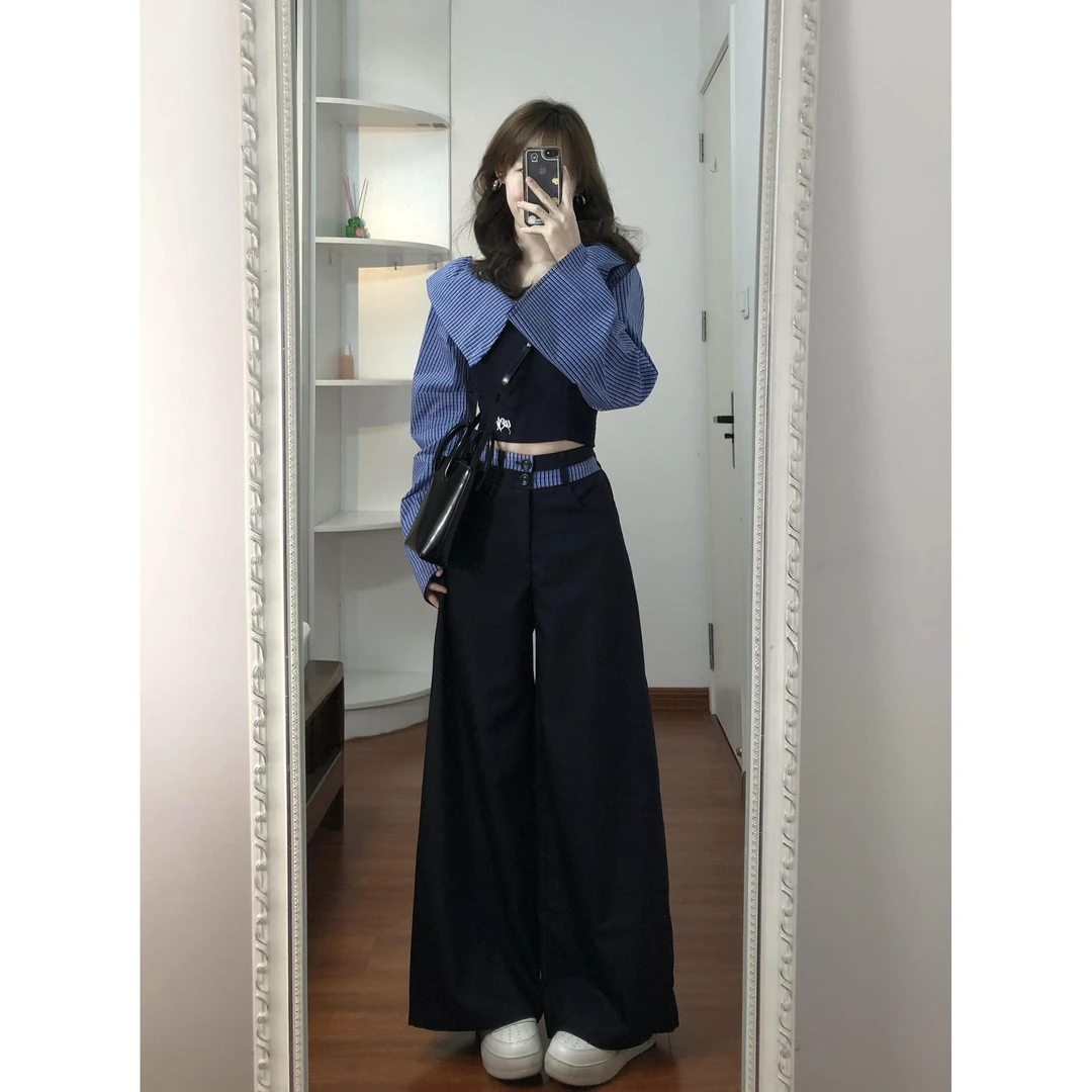 MARIE.COCO设计感小众条纹辣妹一字肩长袖衬衫女高阔腿休闲裤套装