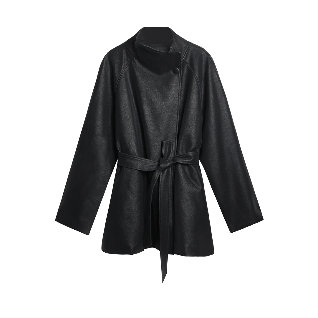 琦总“冷艳特工”黑色高级感皮衣外套女秋冬系带收腰显瘦风衣2