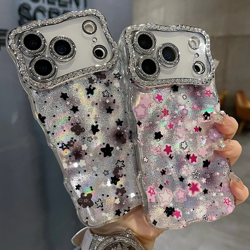 适用苹果系列iPhone17新款手机壳高级晕染紫星星全包满钻精孔镜框