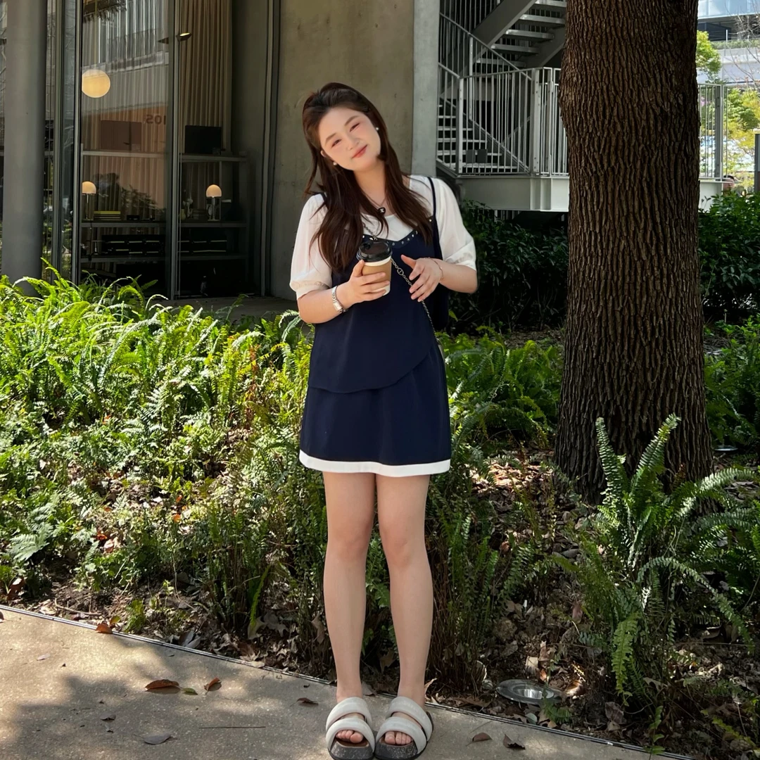 楠序微胖女装 拼接撞色时尚洋气休闲服套装女装夏装两件套YZ36025