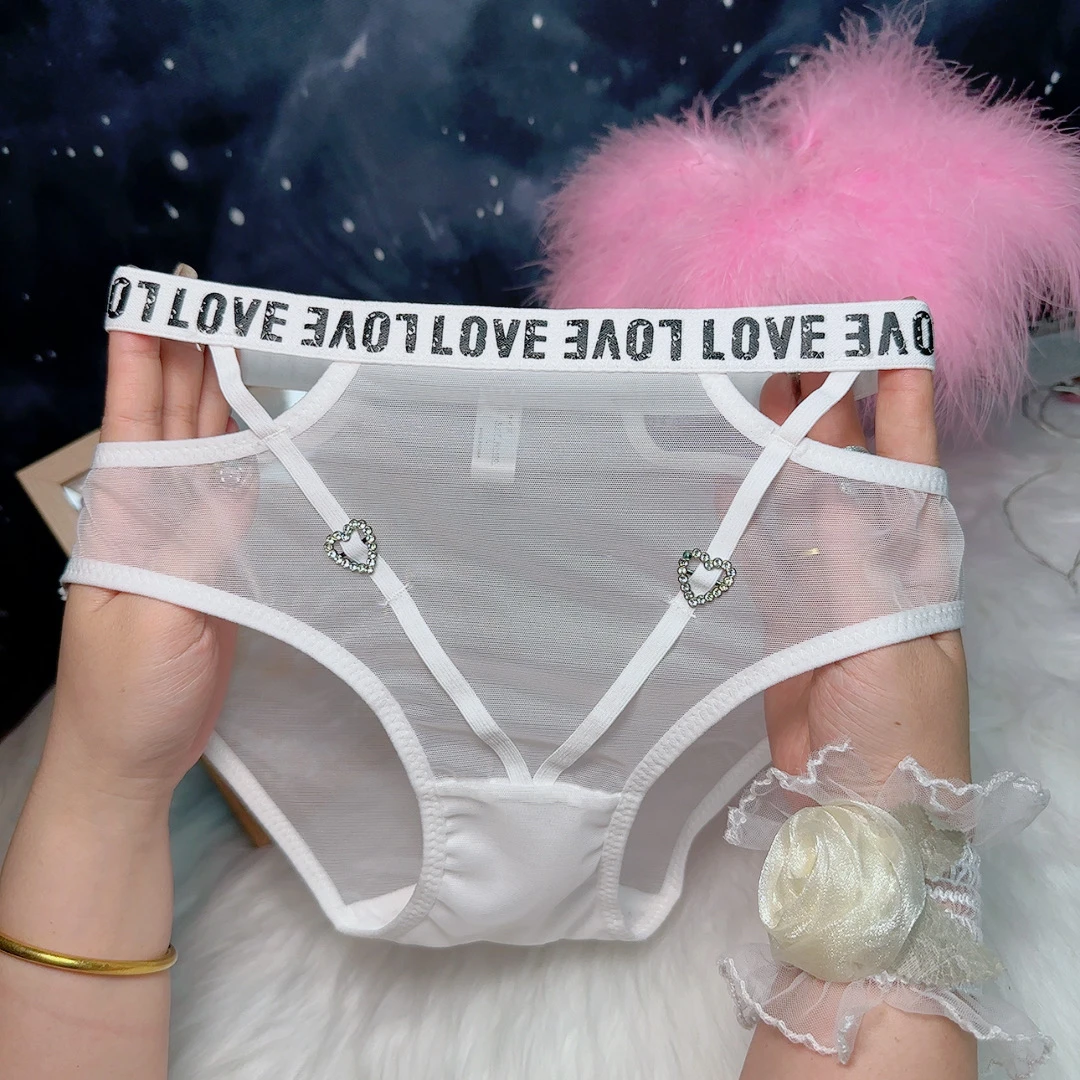 夏季纯欲风女款性感爱心钻饰镂空网纱中腰内裤