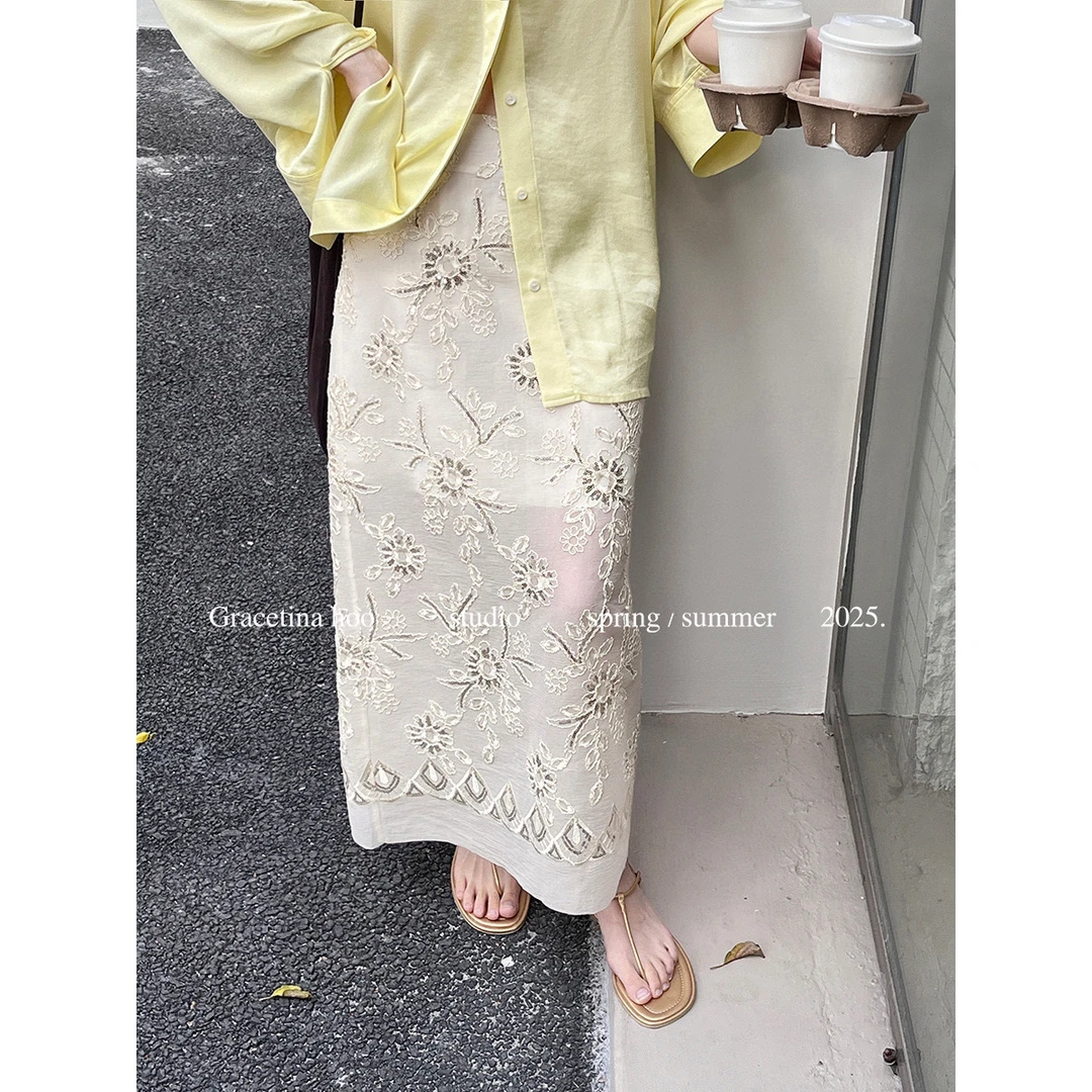 美树【GRACETINA HOO】肌理感半透纱珠片刺绣双层半身裙 BQA544#