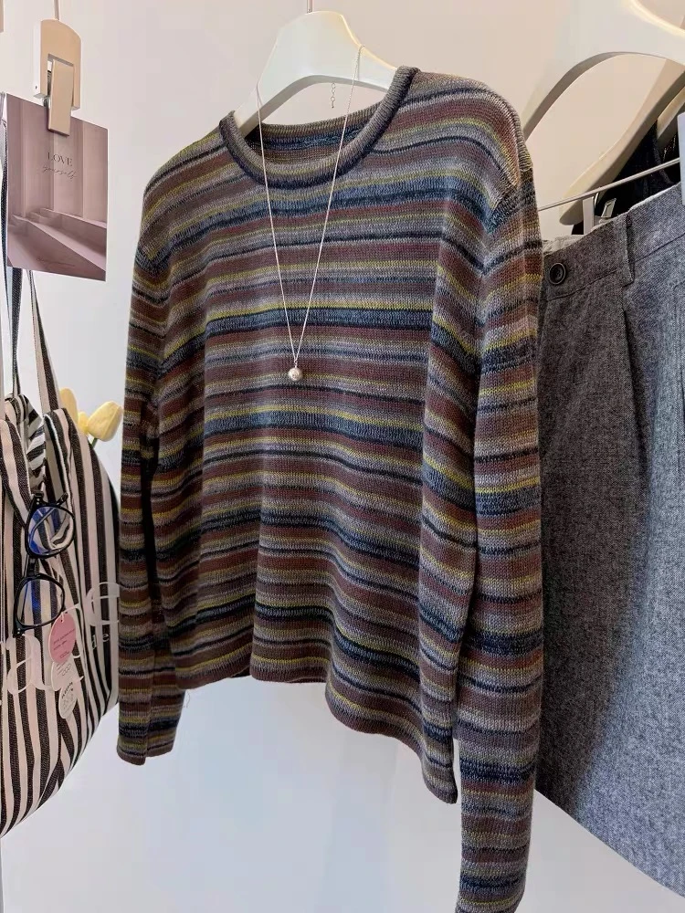 【超细绵羊毛】秋装新款欧货时尚圆领彩条条纹针织衫女宽松毛衣女